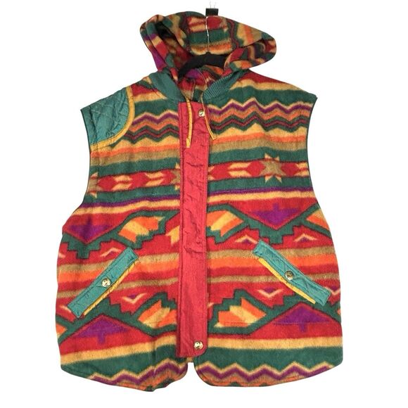 EAST WEST  Fleece Vest Hooded Aztec Print Nylon Back Southwest Flare - Picture 1 of 9